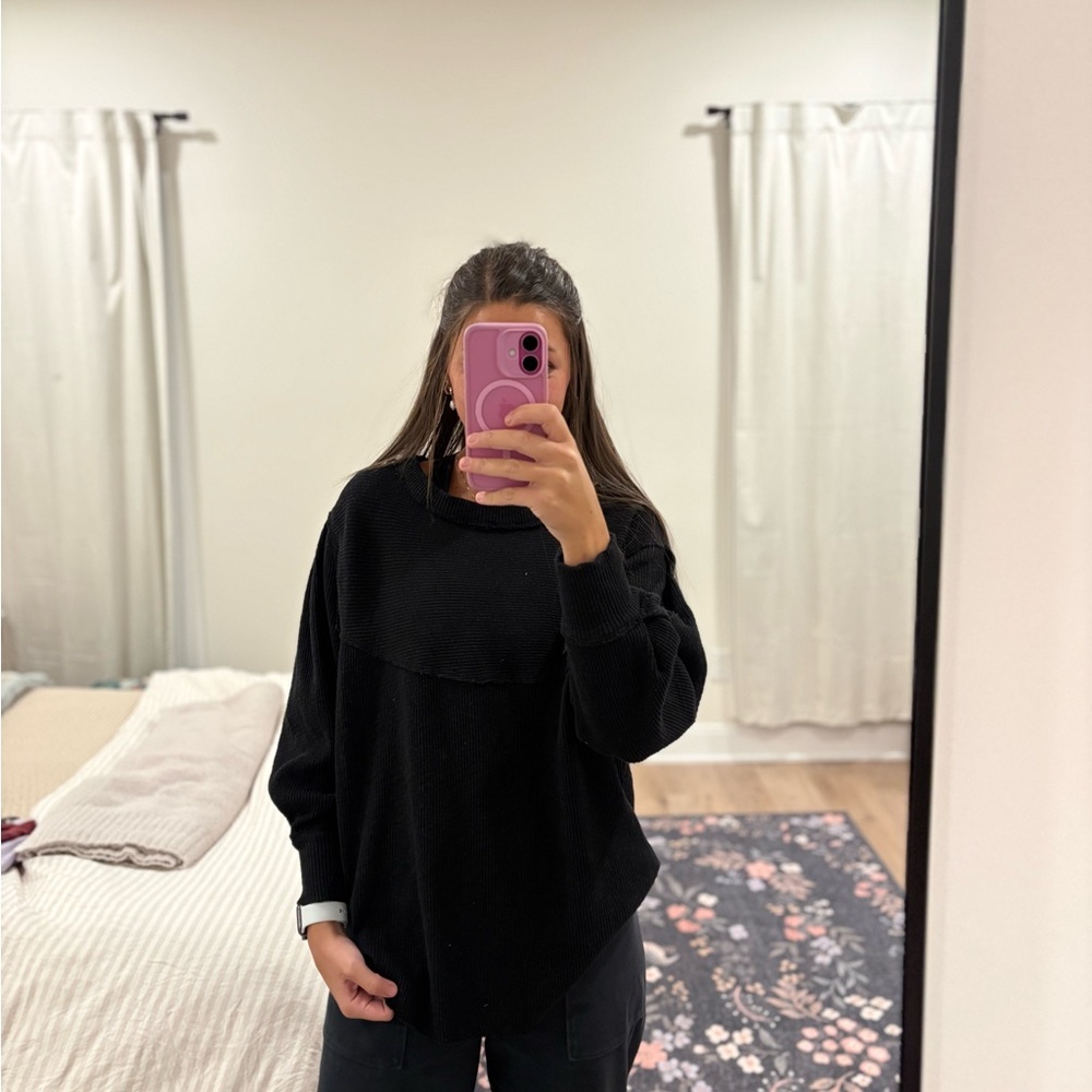 We The Free Black Waffle Knit Top